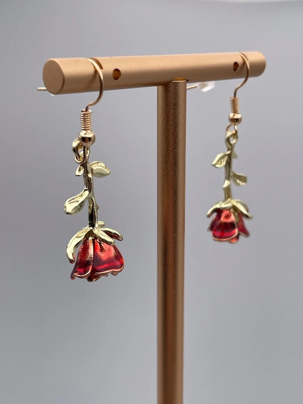 Gold Red Rose Drop Earrings